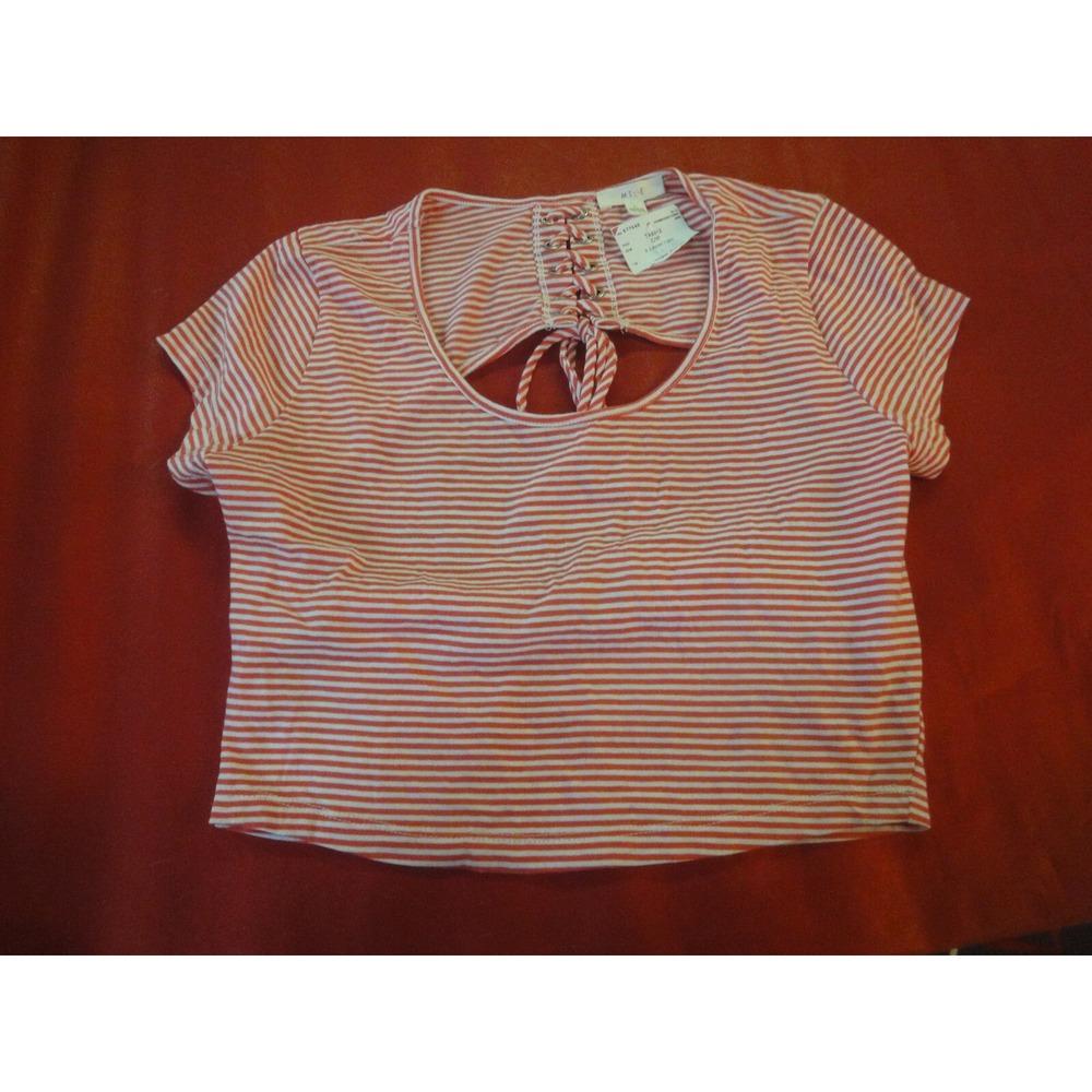 Juniors MINE  L shirt crop top NWT orange white stripe‎ open back tie accent
